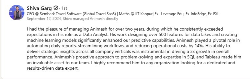 Recommendation from Shiva Garg, CEO at Sembark Travel Software